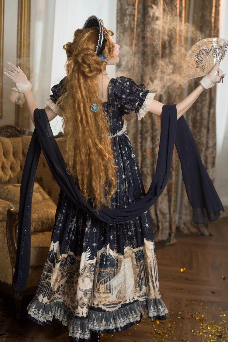 Blue [Unicorn] V Collar Short Sleeves Empire Motif Print Embroidery Bowknot Lace Sweet Elegant Lolita Dress - Product - 5