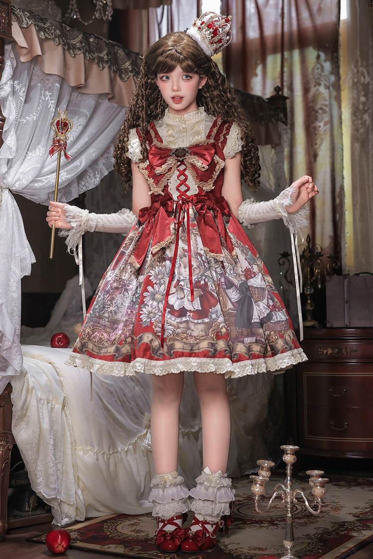 Red [Mystery Bunny] Sleeveless Jacquard Printed Ruffled Bow Lace Classic Lolita Jsk Dress Set - Product - 2