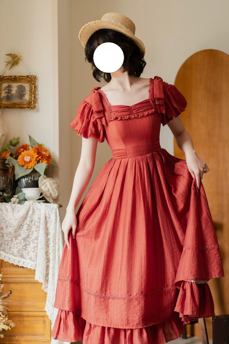 Red [Forest Gallery] Square Collar Short Sleeves Ruffled Bow Classic Vintage Elegant Lolita Dress - Product - 8