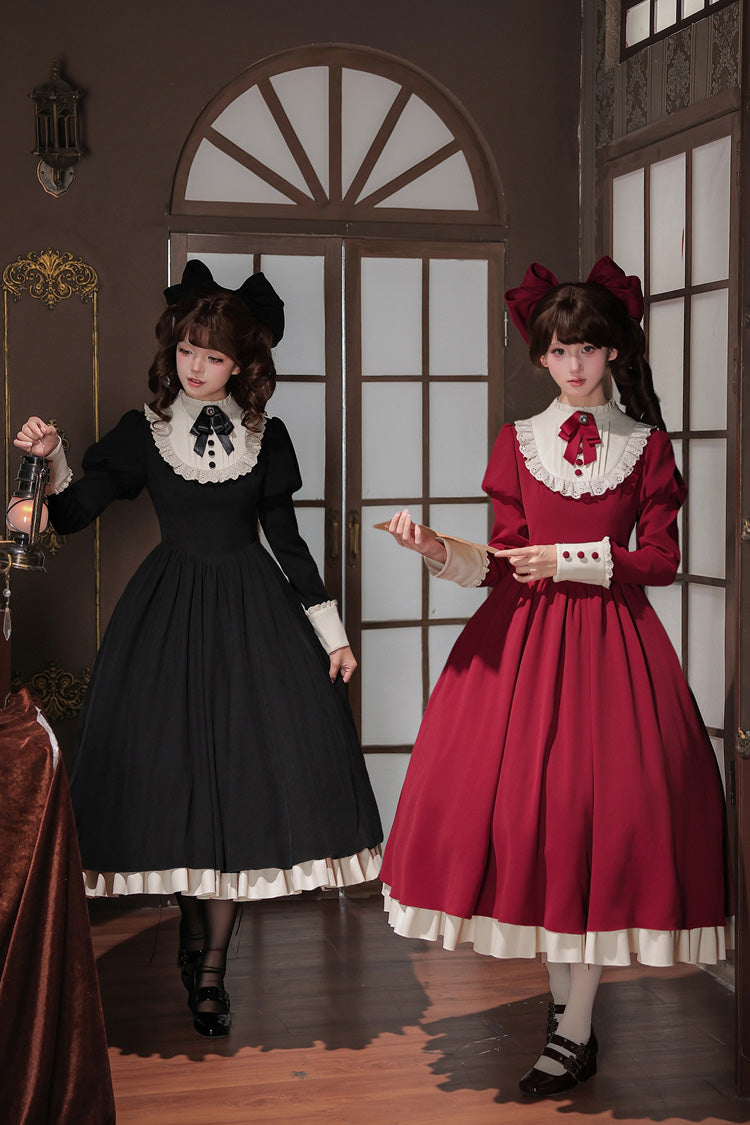 [Miss Lita] Stand Collar Long Lantern Sleeves Triple-Layered Ruffled Classic Elegant Maid Lolita Dress 2 Colors (Red, Black) - Product - 7