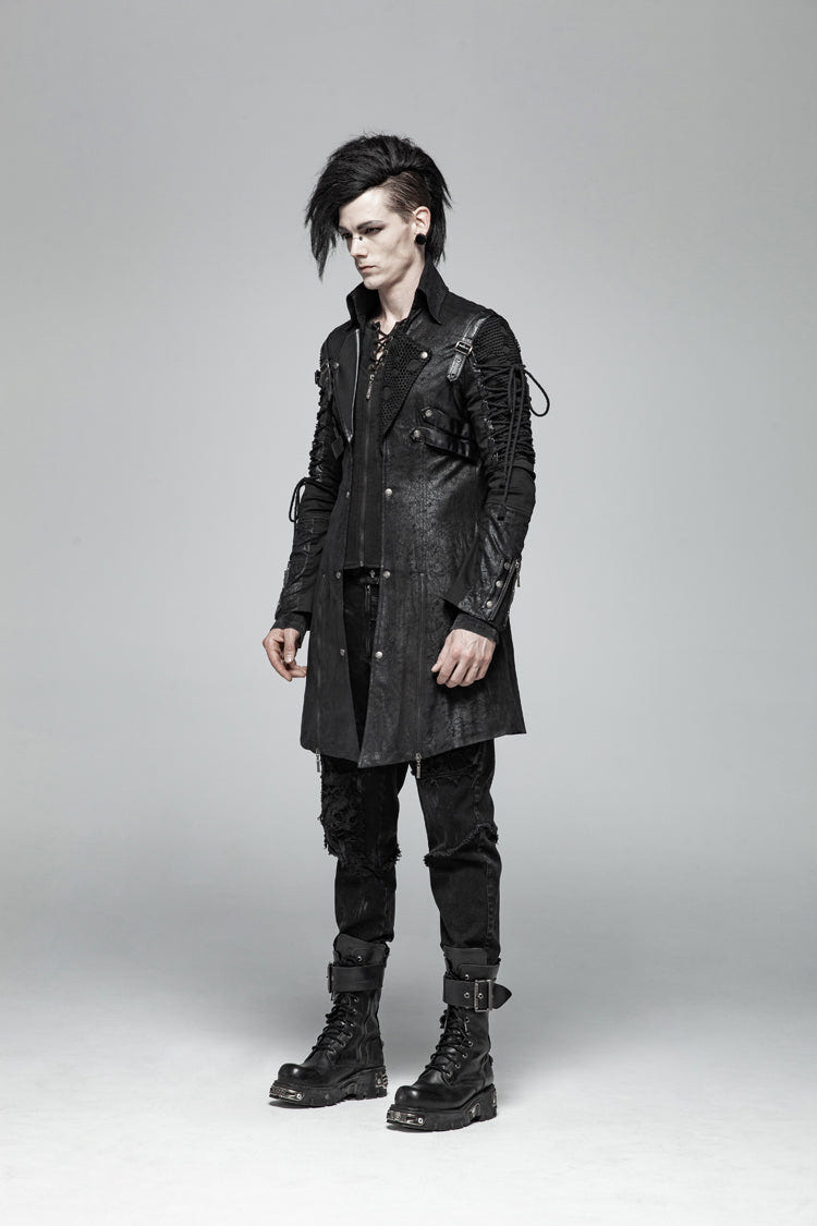 Black Metal Buckle Decoration Zipper Mens Steampunk Windbreaker Coat - Product - 2