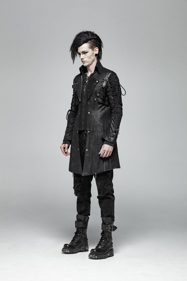 Black Metal Buckle Decoration Zipper Mens Steampunk Windbreaker Coat - Product - 2