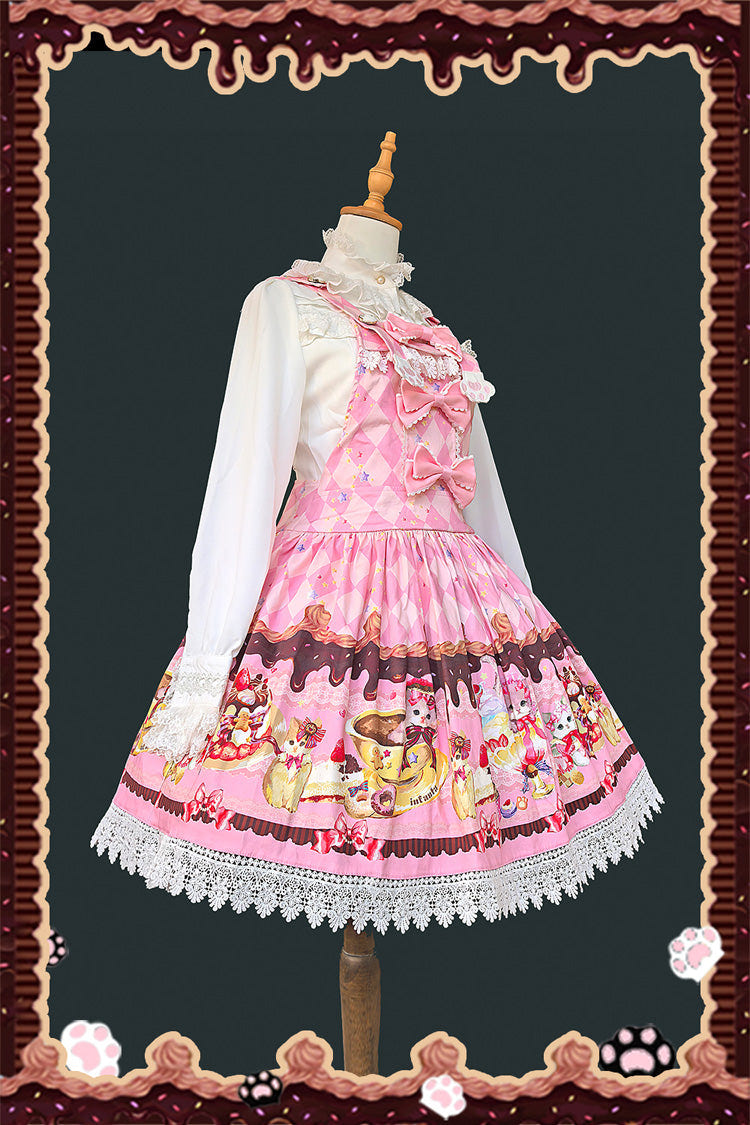 [Cream Meow] Sleeveless Print Bowknot Hooded Sweet Lolita Strap Dress 3 Colors - Product - 3