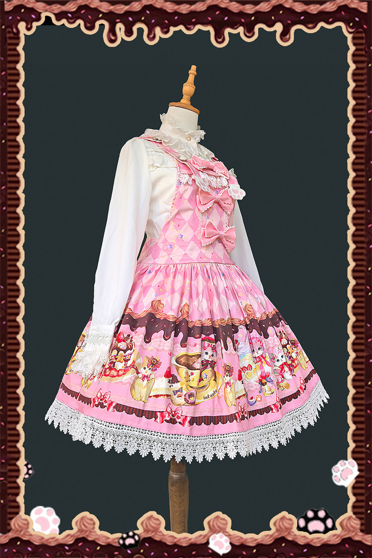[Cream Meow] Sleeveless Print Bowknot Hooded Sweet Lolita Strap Dress 3 Colors - Product - 3