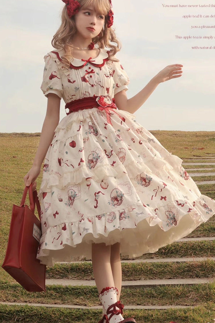White Apple Tea Print Short Sleeves Country Style Ruffle Bowknot Sweet Lolita Dress (Plus Size Version) - Product - 9