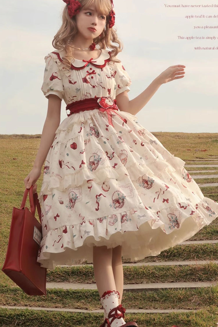 White Apple Tea Print Short Sleeves Country Style Ruffle Bowknot Sweet Lolita Dress (Plus Size Version) - Product - 9