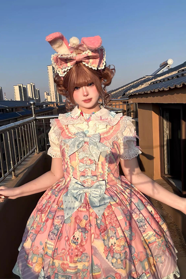 Pink [Rainbow Buffy Bunny] Sleeveless Double-Layered Ribbon Doll Printed Ruffled Bow Sweet Lolita Jsk Dress Set - Product - 5