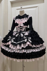 Black/Pink Multi-Layered Ruffle Bowknot Stitching Lace Sweet Lolita Jsk Dress - Product - 3