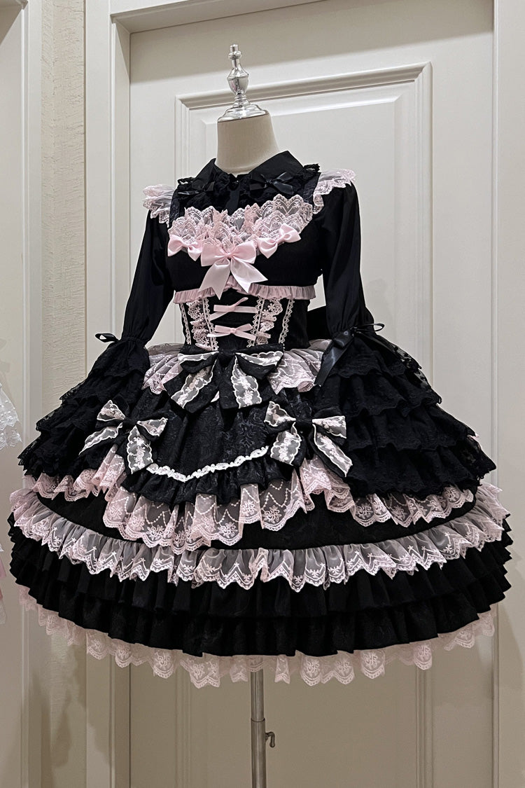 Black/Pink Multi-Layered Ruffle Bowknot Stitching Lace Sweet Lolita Jsk Dress - Product - 3