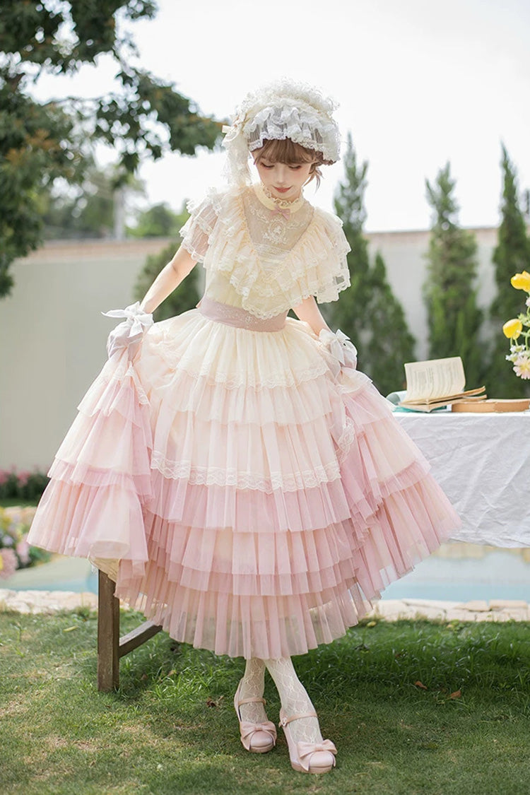Pink [Sincere Vow] Edwardian Collar Short Sleeves Ombre Multi-Layered Ruffled Embroidered Sweet Lolita Dress - Pink - 1