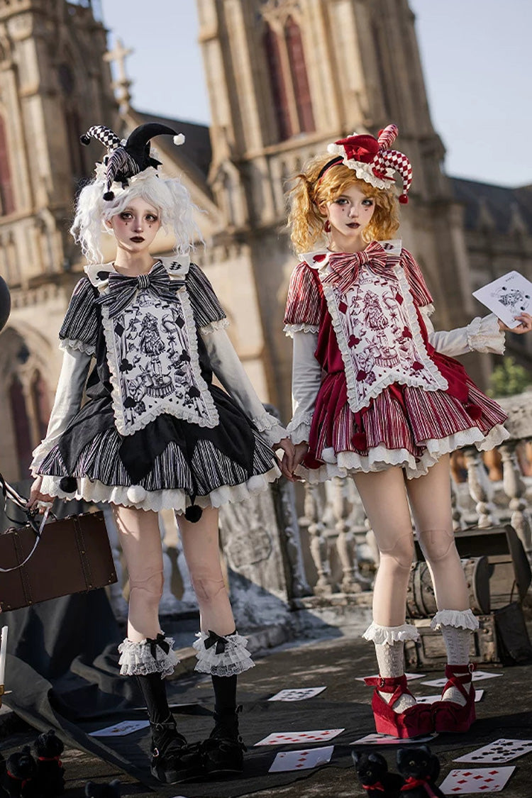 Red [Letters and Poems · Doll Mask] Poker Clown Long Sleeves Ruffled Bow Gothic Lolita Dress Set - Product - 2