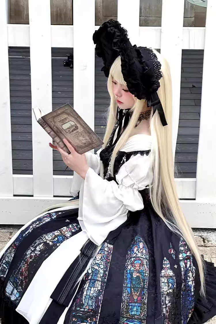 Black Stained Window Print Ruffle Bowknot Gothic Elegant Lolita Jsk Dress - Product - 11