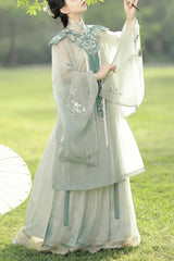 Green Stand Collar Embroidery Classic Hanfu Full Set - Green - 1