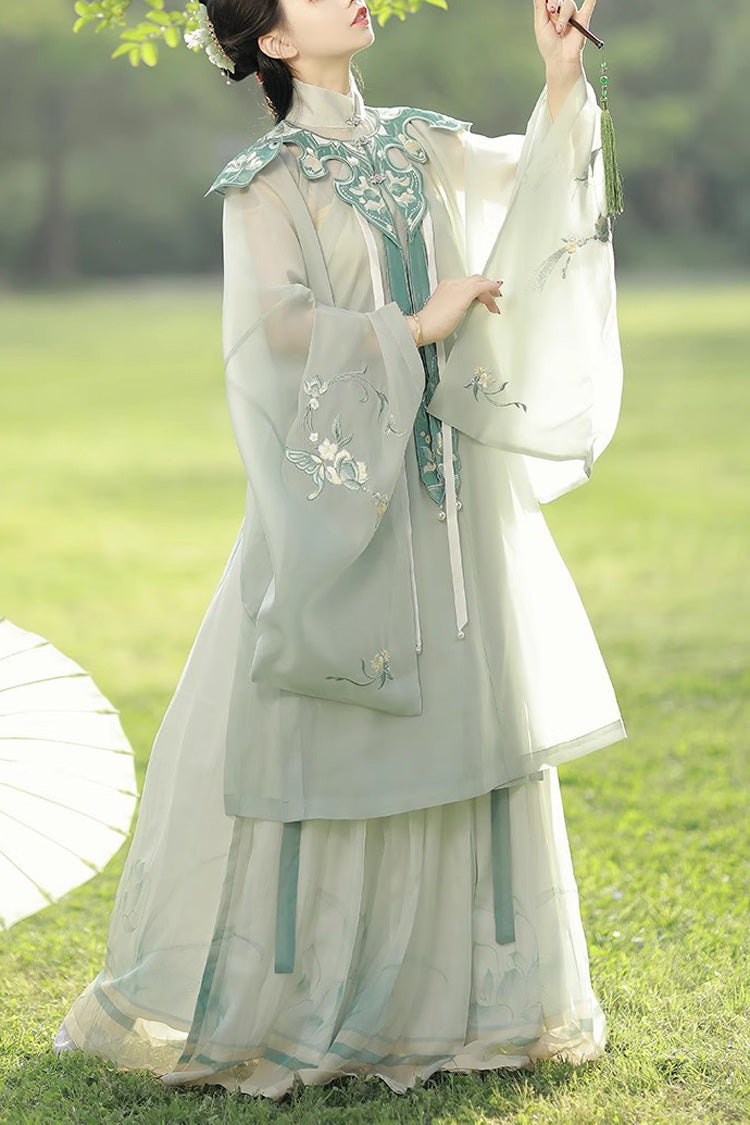 Green Stand Collar Embroidery Classic Hanfu Full Set - Green - 1