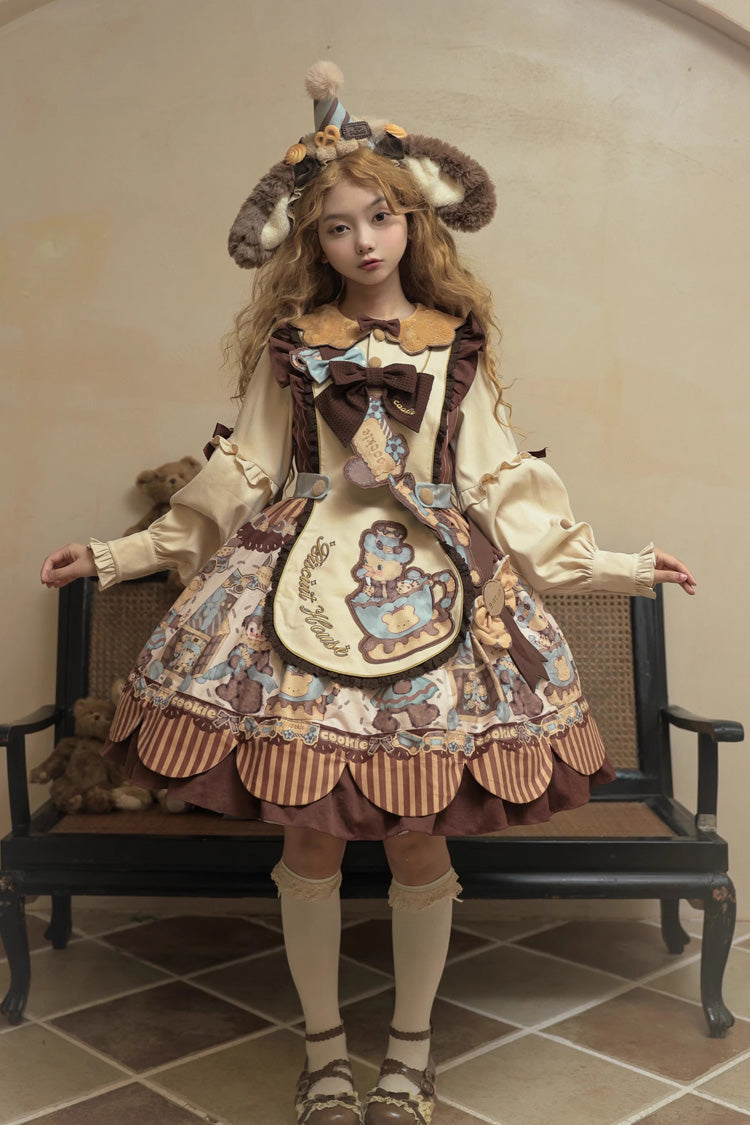 [Bear Cookie] Long Sleeves Print Bowknot Sweet Lolita Dress Set 2 Colors - Product - 2