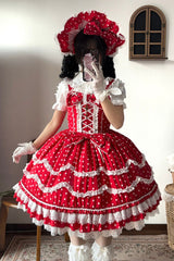 Red Polka Dots Print Ruffle Bowknot Lace-Up Sweet Lolita Dress - Red - 1