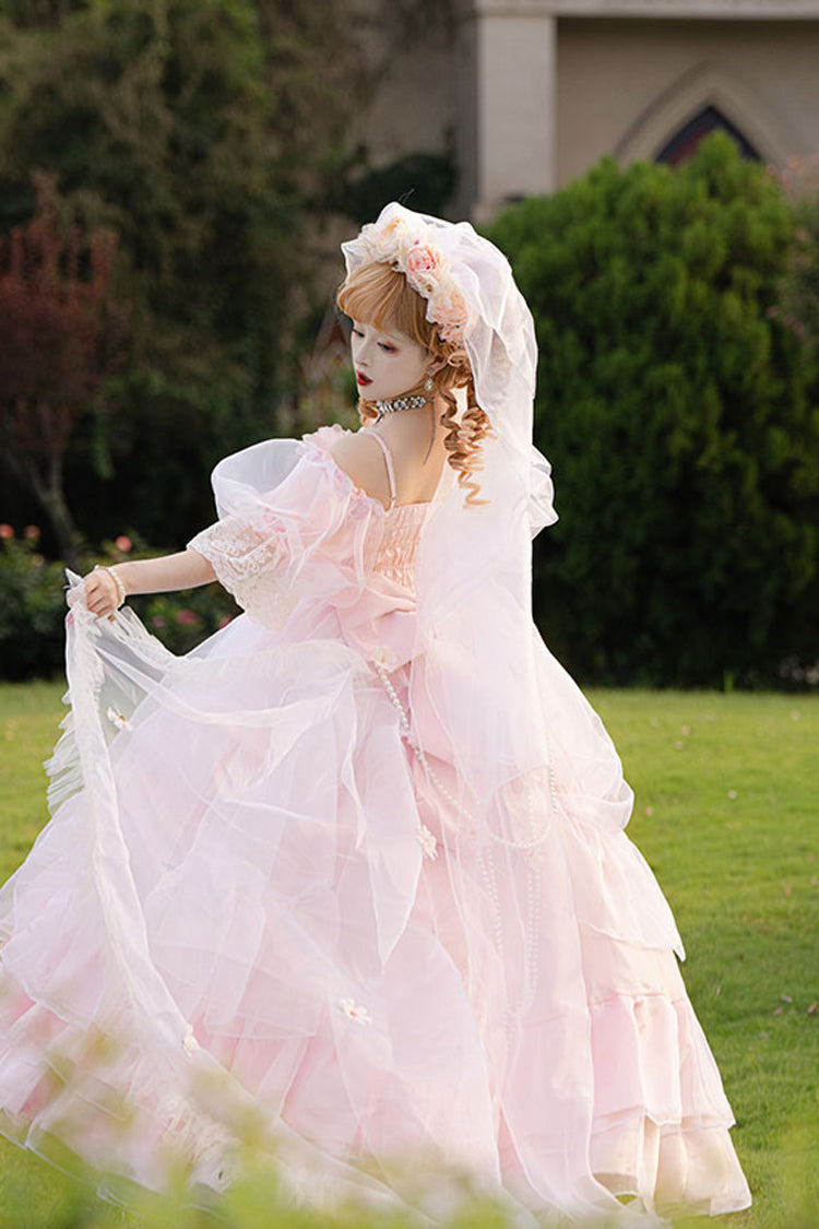 Pink Off Shoulder Short Sleeves Multi-Layered Ruffle Hanayome Bowknot Lace Sweet Plus Size Lolita Dress - Product - 6