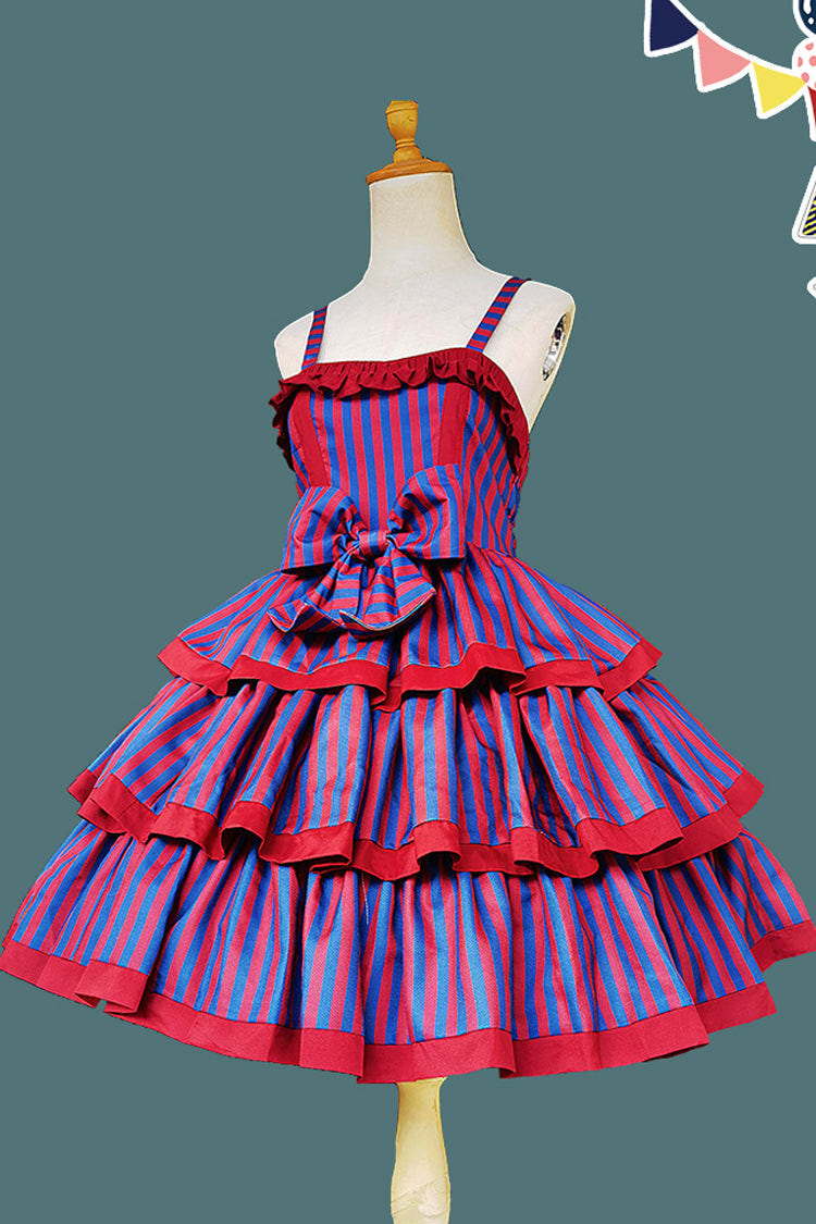 Stripe Print [Cloth Cat] Triple-Layered Ruffle Bowknot Sweet Lolita Dress 4 Colors - Blue - 9