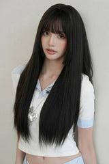 Black Brown Face-Framing Hime Cut Long Straight Wig with Full Bangs - Product - 6