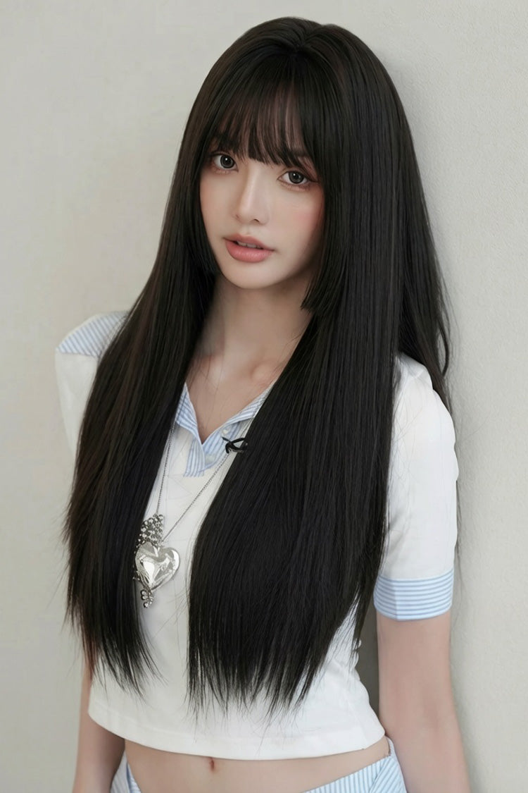 Black Brown Face-Framing Hime Cut Long Straight Wig with Full Bangs - Product - 6