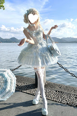 Blue [Candy House] Sleeveless Ruffle Bowknot Lace Lace-Up Sweet Lolita Jsk Dress - Product - 5