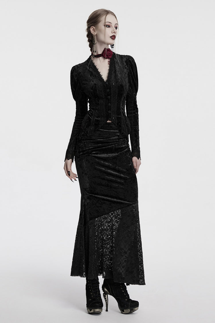 Black V Collar Long Puff Sleeves Women's Gothic Blouse - Product - 4