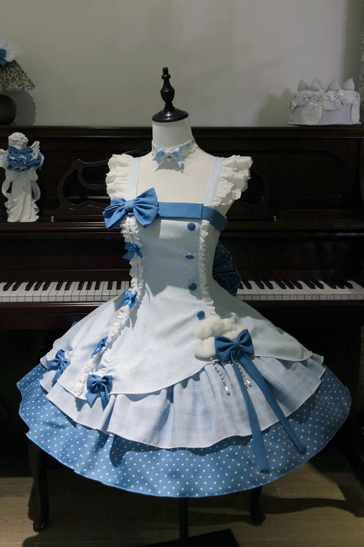 Blue [Glass Bottle] Square Collar Sleeveless Triple-Layered Printed Ruffled Bow Asymmetric Sweet Lolita Jsk Dress - Product - 9