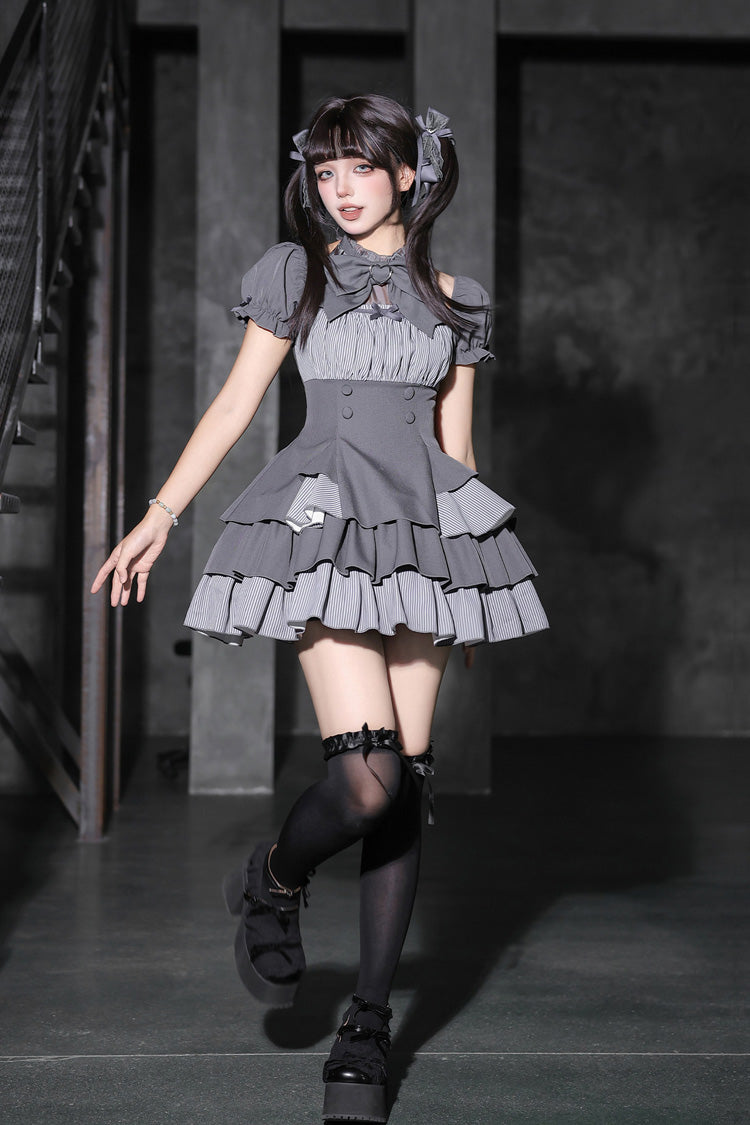 Classic Square Collar Halterneck Short Sleeves Triple-Layered Printed Ruffled Bow Cool Lolita Dress Set 2 Colors(Black, Grey) - Product - 15