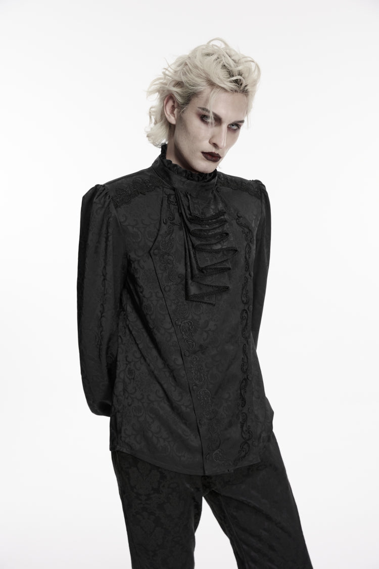 Black Stand Collar Long Lantern Sleeves Jacquard Embroidered  Men's Gothic Palace Shirt with Detachable Tie - Product - 7