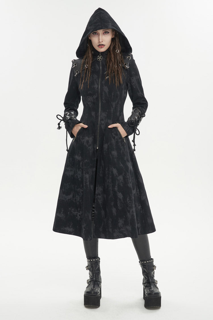 Black Faux Leather Splice With Hood Irregular Pattern Print Long Women's Punk Coat - Product - 3