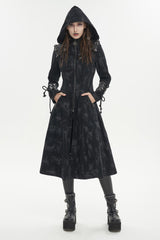 Black Faux Leather Splice With Hood Irregular Pattern Print Long Women's Punk Coat - Product - 3