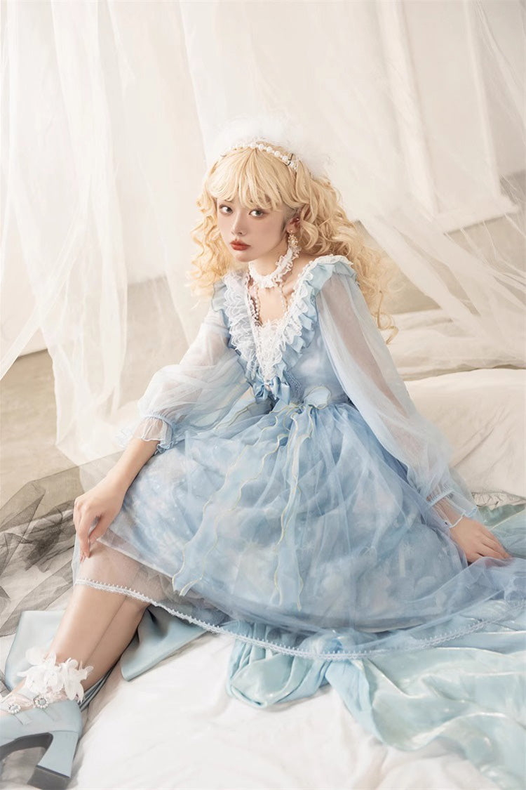 Blue High Waisted Planet Butterfly Print Ruffle Lace Sweet Lolita Dress - Product - 11