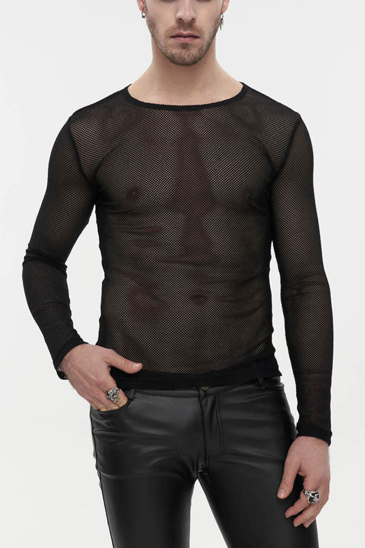 Black Gothic Elasticity High Neck Long Sleeve Mesh Men's Shirt - Black - 1