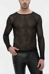 Black Gothic Elasticity High Neck Long Sleeve Mesh Men's Shirt - Black - 1