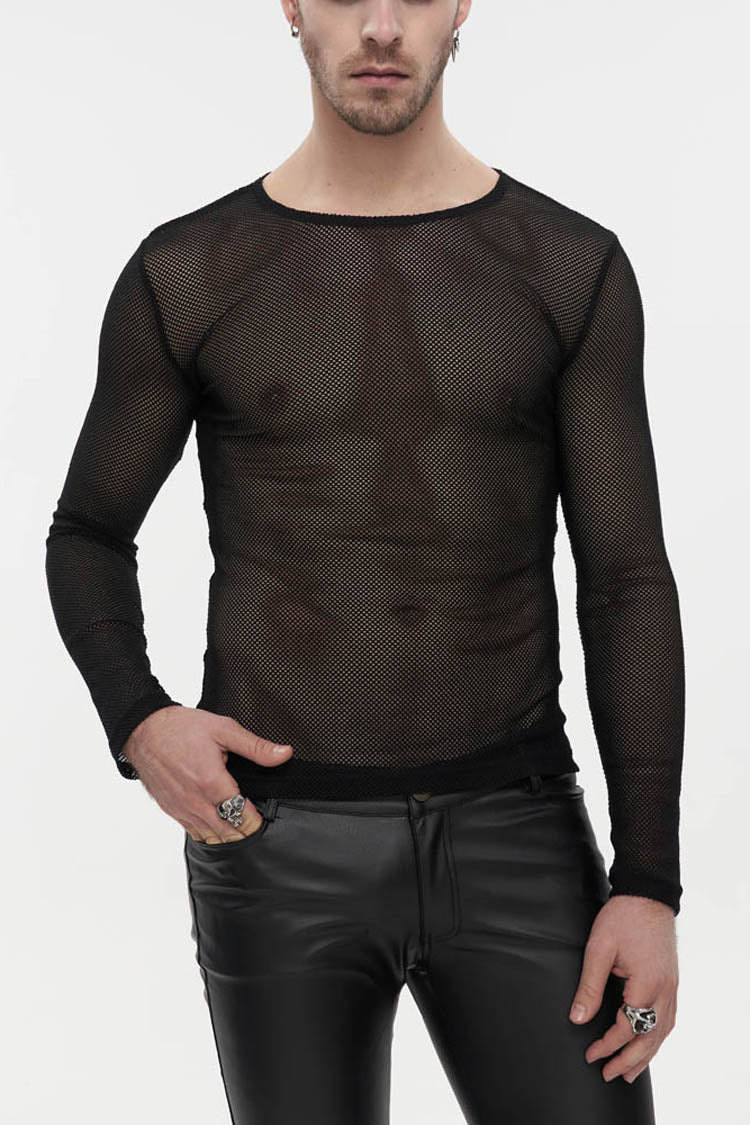 Black Gothic Elasticity High Neck Long Sleeve Mesh Men's Shirt - Black - 1