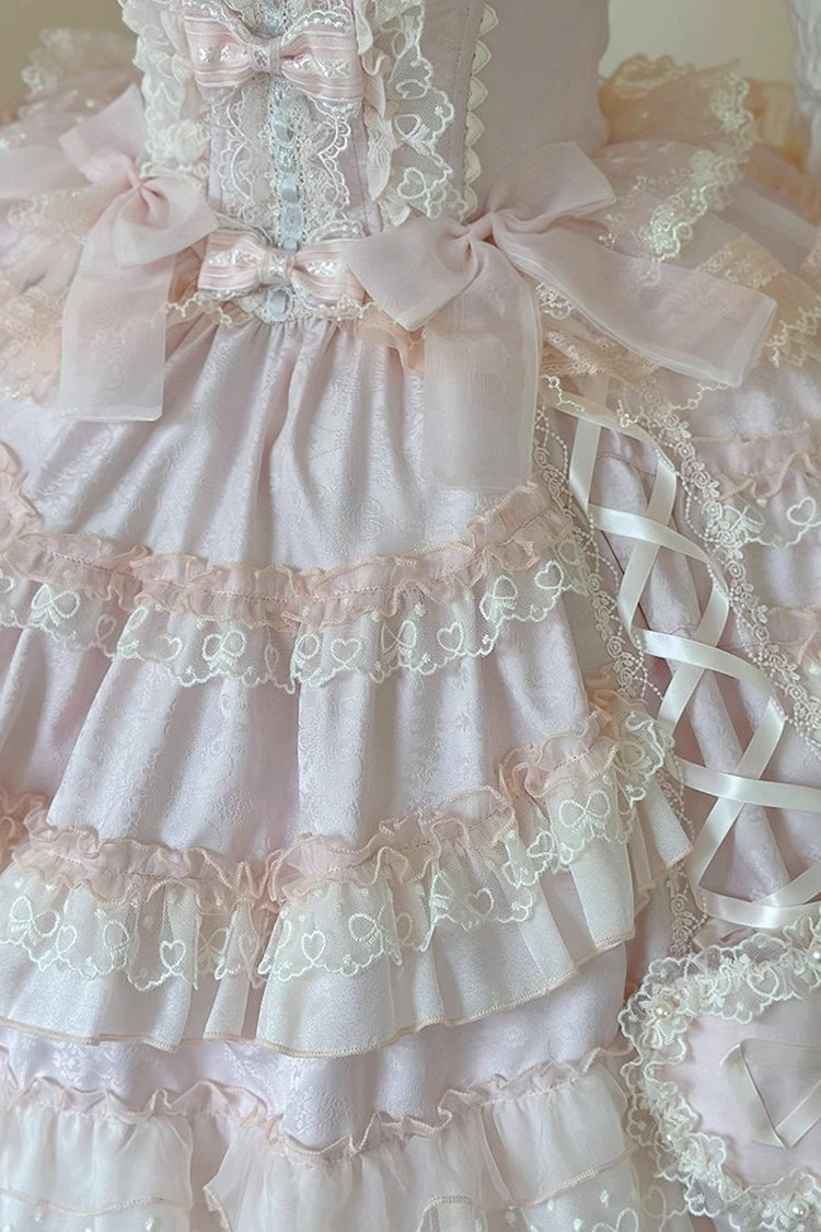 Pink [Sweetheart Diary] Multi-Layered Ruffle Hanayome Embroidery Bowknot Lace Sweet Lolita Jsk Dress - Product - 24