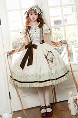 Green/Ivory [Lily] Short Sleeves Print Ruffle Embroidery Bowknot Lace Sweet Elegant Lolita Dress - Product - 12