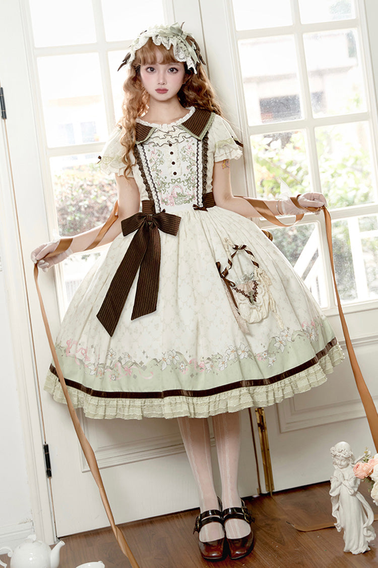 Green/Ivory [Lily] Short Sleeves Print Ruffle Embroidery Bowknot Lace Sweet Elegant Lolita Dress - Product - 12