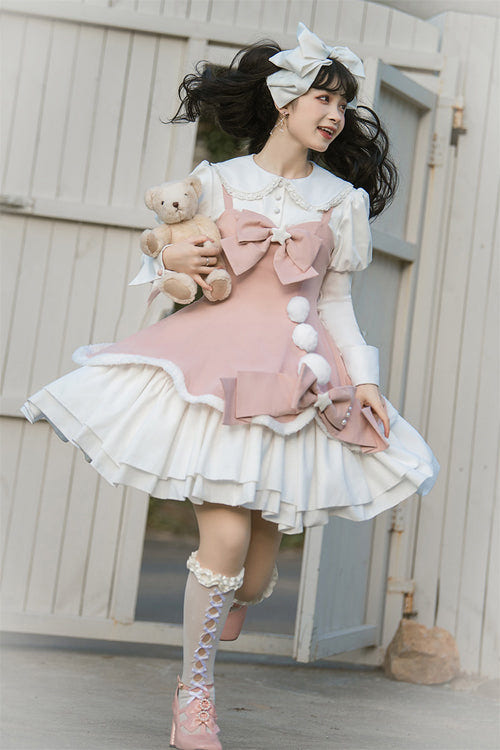 Cute Girl Doll Collar Hair Ball Christmas Princess Sweet Lolita JSK Dress Full Set - Product - 7