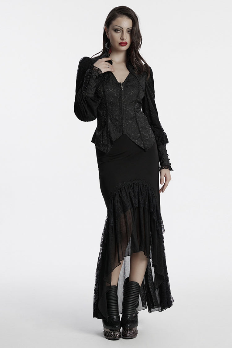 Black V Collar Long Puff Sleeves Lace-Up Zipper Women's Gothic Blouse - Product - 4