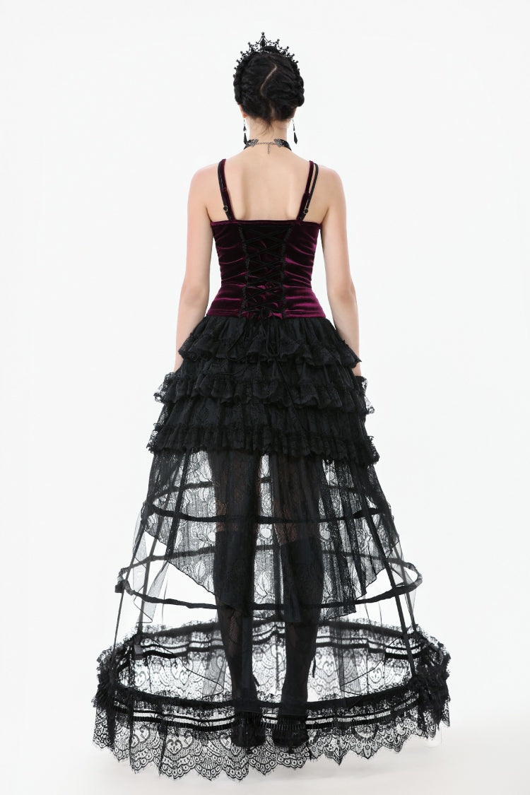 Burgundy Ribbon Bow Lace-Up Women's Gothic Velet Cami Corset Top - Product - 4