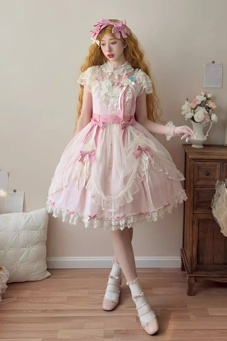 Pink [Sakura’s Spring Resonance] Sleeveless Ruffled Bow Sweet Lolita Jsk Dress (Short Version) - Pink - 1