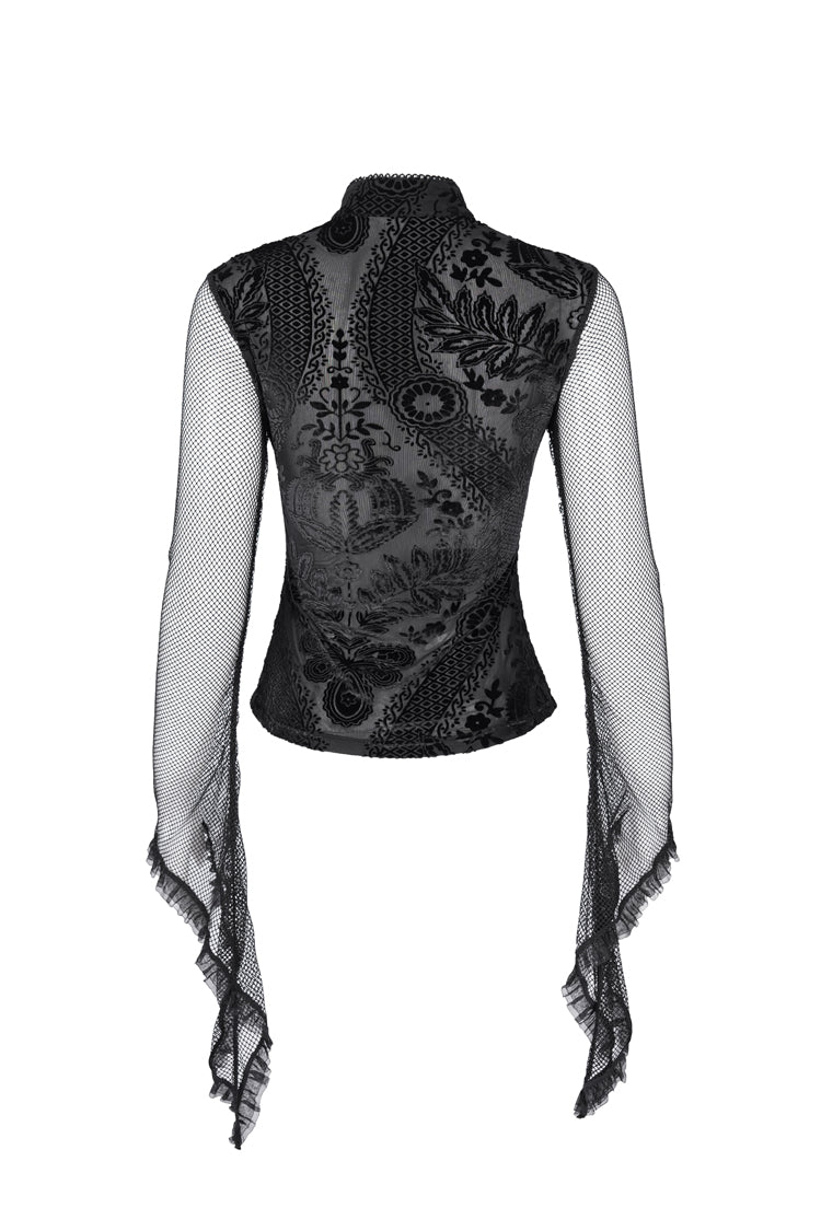 Black Stand Collar Hollow Embroidery Lace Women's Gothic Blouse - Product - 8