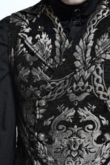 Black/Silver Palace Short Big Jacquard Pattern Men's  Gothic Waistcoat - Product - 5