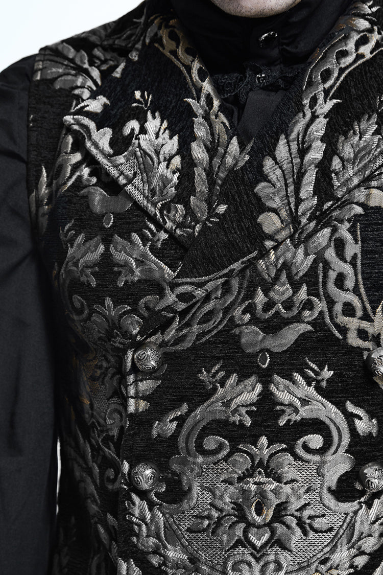 Black/Silver Palace Short Big Jacquard Pattern Men's  Gothic Waistcoat - Product - 5