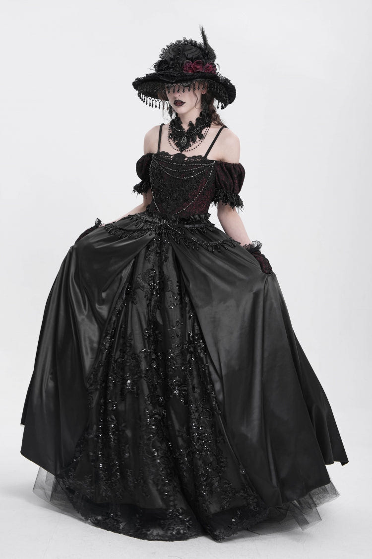 Black Off Shoulder Short Sleeves Jacquard Cardigan Stitching Lace Women's Gothic Dress - Product - 5