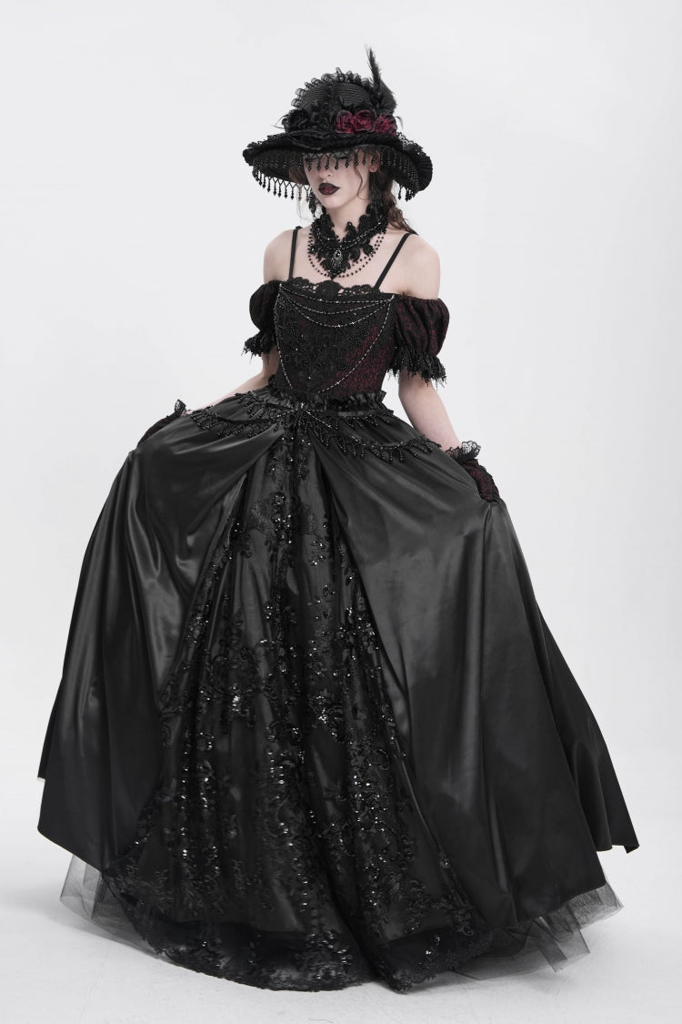 Black Off Shoulder Short Sleeves Jacquard Cardigan Stitching Lace Women's Gothic Dress - Product - 5