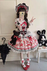 Red/Black [Sweet Berry Bunny Bear] Printed Bow Lace Lace-Up Sweet Lolita Jsk Dress - Product - 5