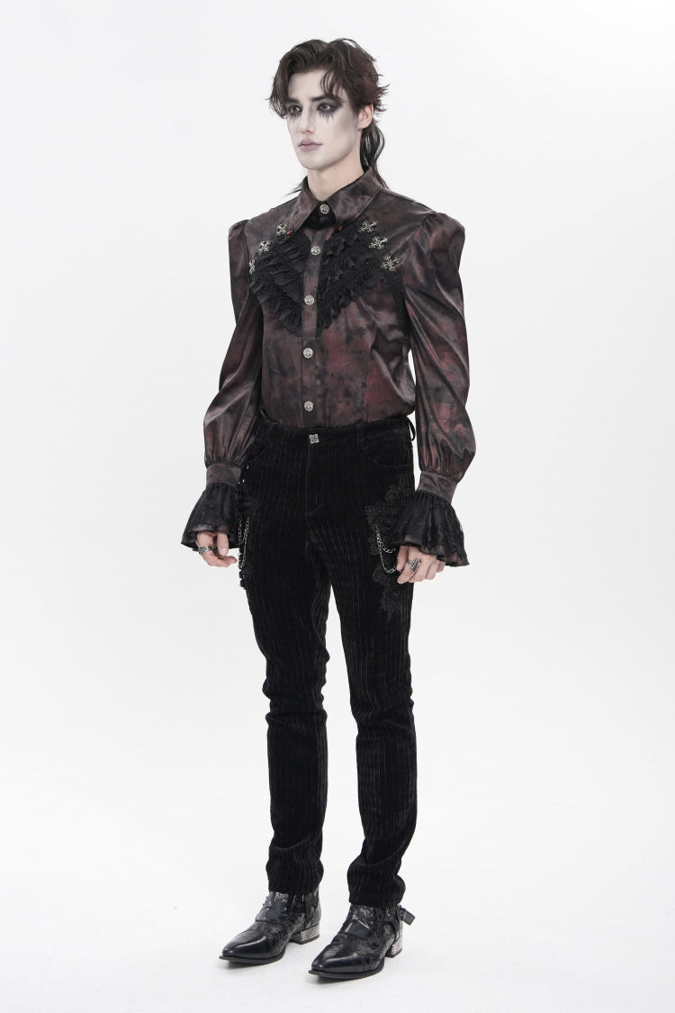 Red  Cross Spider Turn-down Collar Long Trumpet Sleeves Printed Lace Men's Gothic Shirt - Product - 3