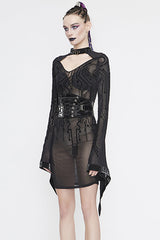 Black Circuit Diagram Flocking Printed Flared Sleeve Womens Gothic Dress - Product - 2